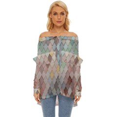 Tiles-shapes Off Shoulder Chiffon Pocket Shirt by nate14shop