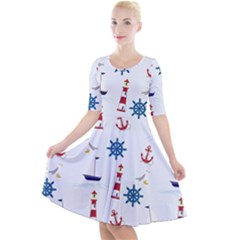 Lighthouse Sail Boat Seagull Quarter Sleeve A-line Dress by artworkshop