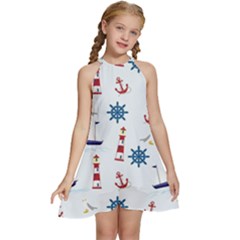 Lighthouse Sail Boat Seagull Kids  Halter Collar Waist Tie Chiffon Dress by artworkshop