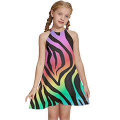 Rainbow Zebra Stripes Kids  Halter Collar Waist Tie Chiffon Dress