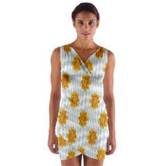 Flowers-gold-blue Wrap Front Bodycon Dress