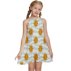 Flowers-gold-blue Kids  Halter Collar Waist Tie Chiffon Dress