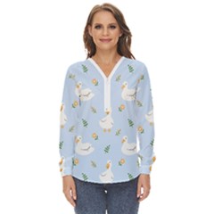 Duck-flower-seamless-pattern-background Zip Up Long Sleeve Blouse