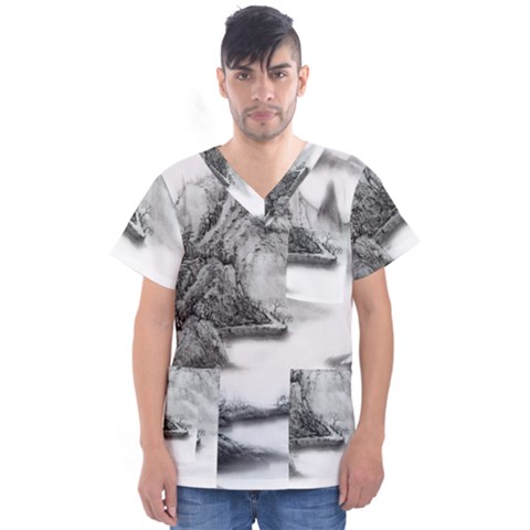 Ink-wash-painting-mountain-rolling-mountains Men s V-neck Scrub Top by Jancukart