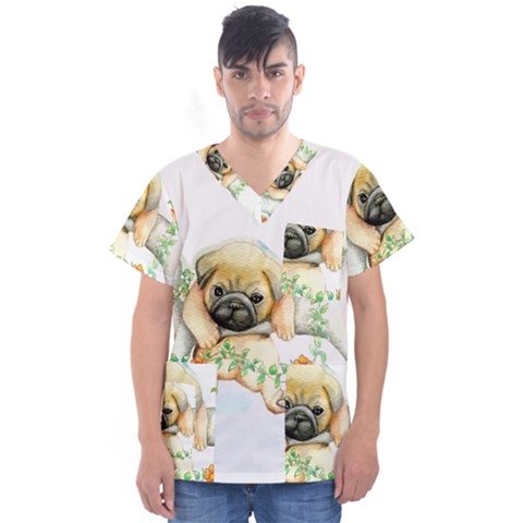 Pug-watercolor-cute-animal-dog Men s V-neck Scrub Top by Jancukart