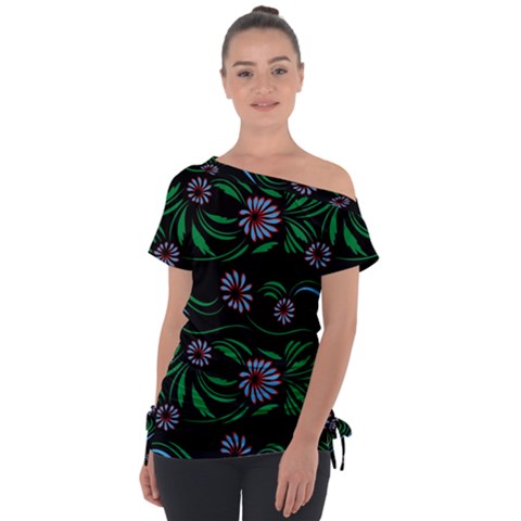 Folk Flowers Print Floral Pattern Ethnic Art Off Shoulder Tie-up Tee by Eskimos