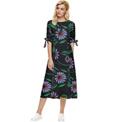 Folk Flowers Print Floral Pattern Ethnic Art Bow Sleeve Chiffon Midi Dress