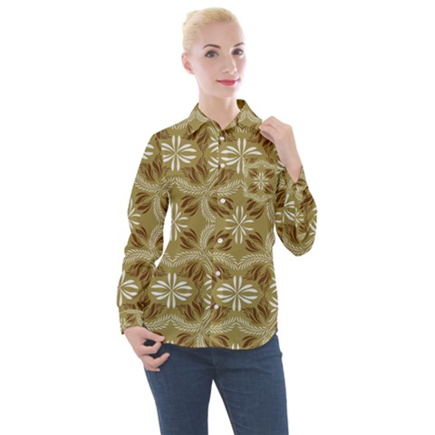 Folk Flowers Print Floral Pattern Ethnic Art Women s Long Sleeve Pocket Shirt by Eskimos