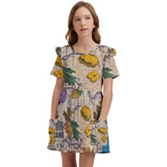 Flowers-b 003 Kids  Frilly Sleeves Pocket Dress