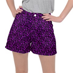 Small Bright Dayglo Purple Halloween Motifs Skulls, Spells & Cats On Spooky Black Ripstop Shorts by PodArtist