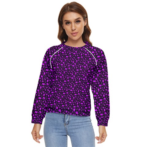 Small Bright Dayglo Purple Halloween Motifs Skulls, Spells & Cats On Spooky Black Women s Long Sleeve Raglan Tee by PodArtist