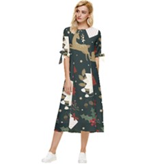 Hand Drawn Christmas Pattern Design Bow Sleeve Chiffon Midi Dress by nate14shop