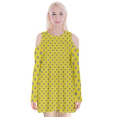 Polka-dots-light Yellow Velvet Long Sleeve Shoulder Cutout Dress by nate14shop