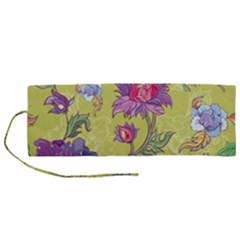 Blue Purple Floral Pattern Roll Up Canvas Pencil Holder (m) by designsbymallika