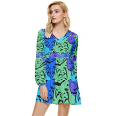 Pattern-cat Tiered Long Sleeve Mini Dress