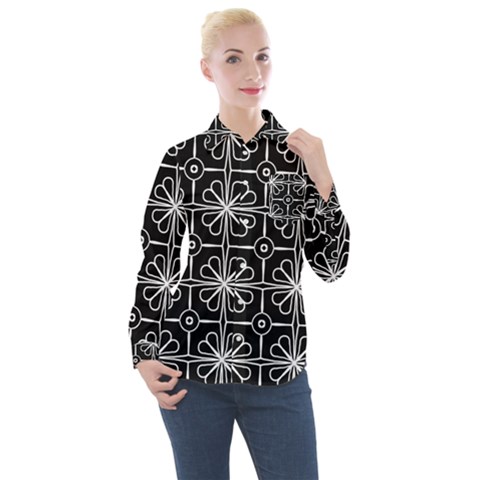 Seamless-pattern Black Women s Long Sleeve Pocket Shirt by nateshop