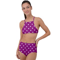 Polka-dots-purple White High Waist Tankini Set