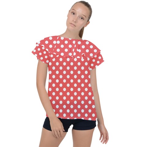 Polka-dots-red White,polkadot Ruffle Collar Chiffon Blouse by nateshop