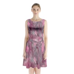 Abstract-pink Sleeveless Waist Tie Chiffon Dress by nateshop