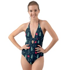 Christmas Pattern Design Halter Cut-out One Piece Swimsuit by artworkshop