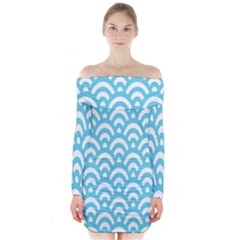  Waves Ocean Blue Texture Long Sleeve Off Shoulder Dress by artworkshop