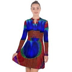 Red Peacock Plumage Fearher Bird Pattern Long Sleeve Panel Dress by Wegoenart