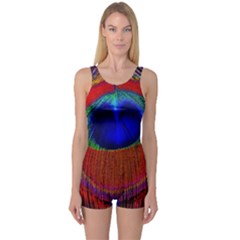 Red Peacock Plumage Fearher Bird Pattern One Piece Boyleg Swimsuit