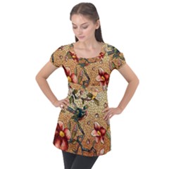 Flower Cubism Mosaic Vintage Puff Sleeve Tunic Top