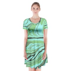 Waves Marbled Abstract Background Short Sleeve V-neck Flare Dress by Amaryn4rt