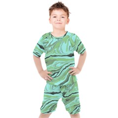 Waves Marbled Abstract Background Kids  Tee And Shorts Set by Amaryn4rt