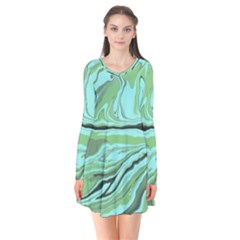 Waves Marbled Abstract Background Long Sleeve V-neck Flare Dress by Amaryn4rt