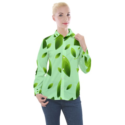 Background Pattern Leaves Nature Women s Long Sleeve Pocket Shirt by Amaryn4rt