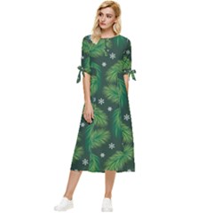 Leaves Snowflake Pattern Holiday Bow Sleeve Chiffon Midi Dress by Amaryn4rt