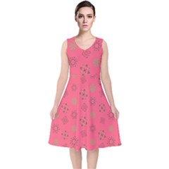 Pink Art Pattern Design Geometric V-neck Midi Sleeveless Dress  by Wegoenart