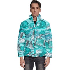 Sea Waves Seamless Pattern Men s Puffer Bubble Jacket Coat