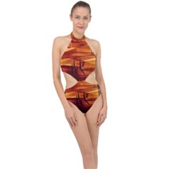 Illustration Golden Tuscany Brown Orange Halter Side Cut Swimsuit by Wegoenart