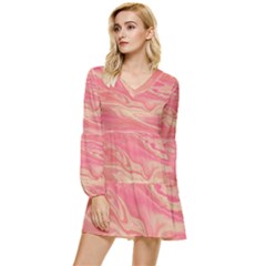 Illustration Graphic Pattern Texrure Pink Maeble Tiered Long Sleeve Mini Dress