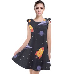 Cosmos Rocket Spaceships Ufo Tie Up Tunic Dress by Wegoenart