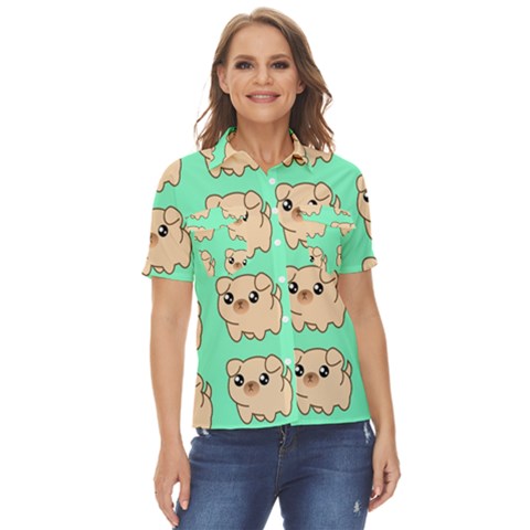 Puppy Pattern Wallpaper Dog Pet Women s Short Sleeve Double Pocket Shirt by Wegoenart