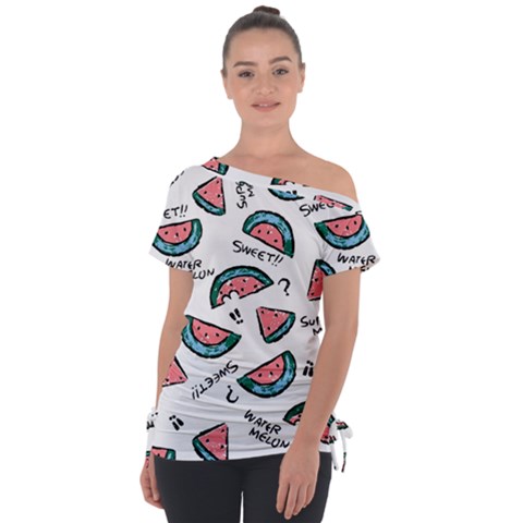 Illustration Watermelon Fruit Sweet Slicee Off Shoulder Tie-up Tee by Sudhe