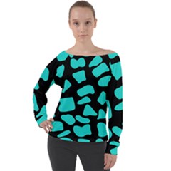 Neon Cow Dots Blue Turquoise And Black Off Shoulder Long Sleeve Velour Top by ConteMonfrey