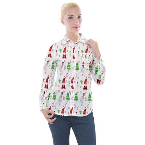 Santa Claus Snowman Christmas Women s Long Sleeve Pocket Shirt by artworkshop