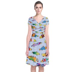 Fish Ocean Sea Water Diving Blue Nature Short Sleeve Front Wrap Dress