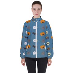 Halloween Cat Pumpkin Pattern Bat Horror Women s High Neck Windbreaker by danenraven