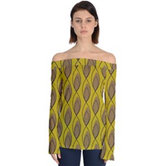 Yellow Brown Minimalist Leaves  Off Shoulder Long Sleeve Top by ConteMonfrey