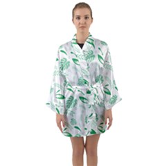 Green Nature Leaves Draw   Long Sleeve Satin Kimono by ConteMonfrey