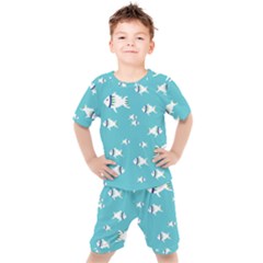 Blue Fish Pattern Kids  Tee And Shorts Set by danenraven