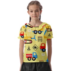 Seamless Pattern Vector Industrial Vehicle Cartoon Kids  Frill Chiffon Blouse by Jancukart