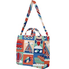 Toy Transport Cartoon Seamless-pattern-with-airplane-aerostat-sail Yacht Vector Illustration Square Shoulder Tote Bag