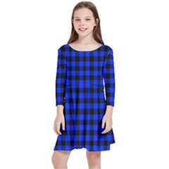 Black And Bic Blue Plaids Kids  Quarter Sleeve Skater Dress